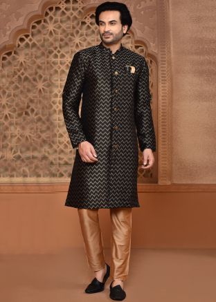 Black Banarasi Silk Indowestern Sherwani