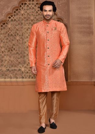 Orange Indowestern Sherwani In Woven Work