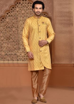 Yellow Asymmetric Indowestern Sherwani