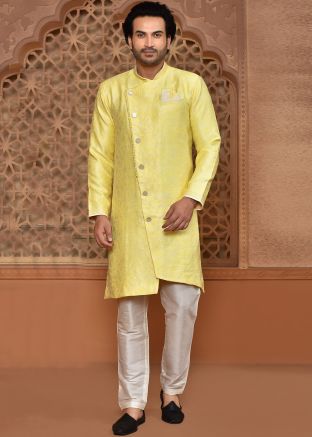 Yellow Asymmetric Indowestern Sherwani