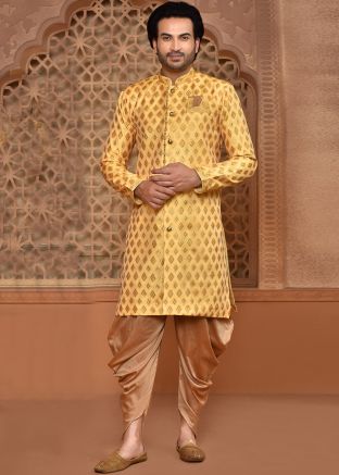 Yellow Indowestern Sherwani In Woven Work