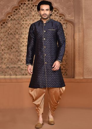 Blue Indowestern Sherwani In Banarasi Silk
