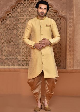 Yellow Asymmetric Indowestern Sherwani