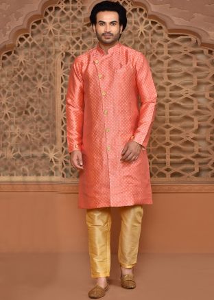 Pink Indowestern Sherwani In Woven Work