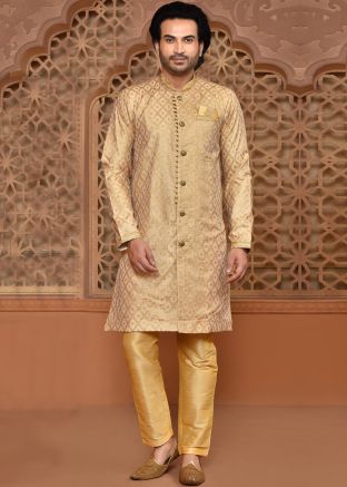 Yellow Asymmetric Indowestern Sherwani