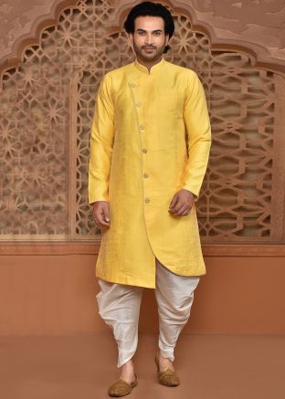Yellow Asymmetric Indowestern Sherwani