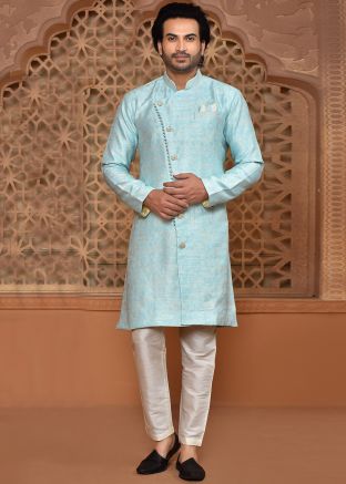 Blue Banarasi Silk Indowestern Sherwani
