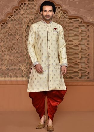 Yellow Woven Indowestern Sherwani & Dhoti