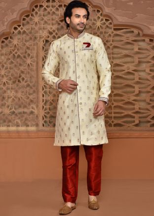 Yellow Mens Indowestern Sherwani In Banarasi Silk