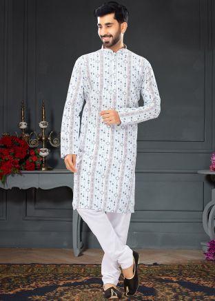 White Digital Printed Kurta Pajama In Silk