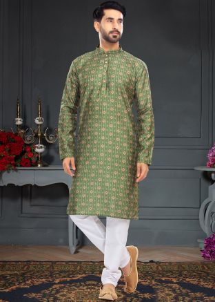 Green Readymade Mens Silk Kurta Pajama