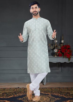 Green Silk Kurta Pajama In Digital Printed