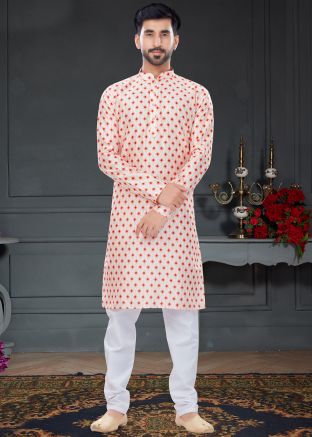 Peach Festive Printed Kurta Pajama