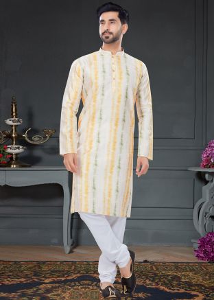 Yellow Printed Mens Kurta Pajama