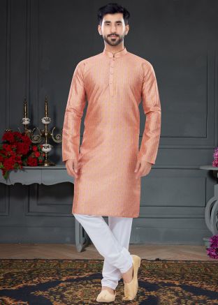Peach Sequins Embellished Kurta Pajama In Silk