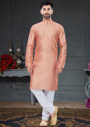 Peach Digital Printed Kurta Pajama For Mens