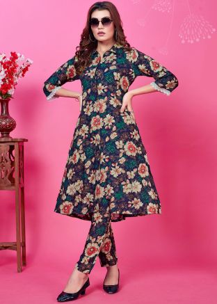Multicolor Readymade Rayon Digital Printed Front Slit  Kurta Set 