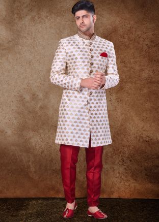 Off White Zari Woven Sherwani Set For Men