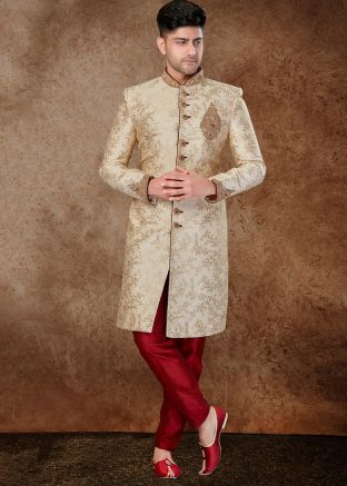Readymade Golden Zari Woven Mens Sherwani Set