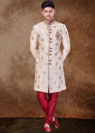 Readymade Golden Woven Sherwani With Churidar