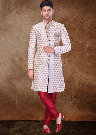 Off Embroidered Sherwani Set In Jacquard