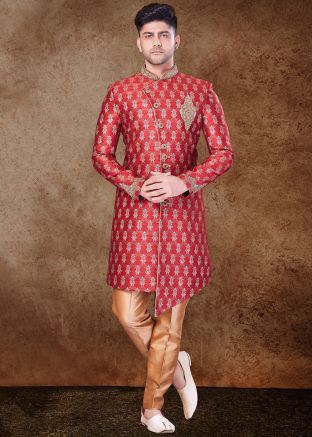 Red Zari Woven Mens Indo Western Sherwani