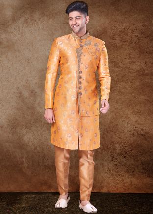 Orange Woven Overlapped Mens Sherwani Set