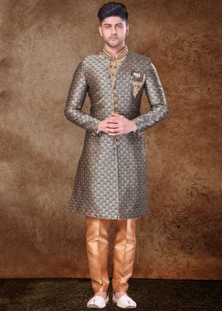 Green Zari Woven Mens Sherwani Set In Jacquard