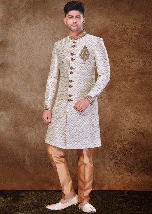Readymade Cream Zari Woven Sherwani Set