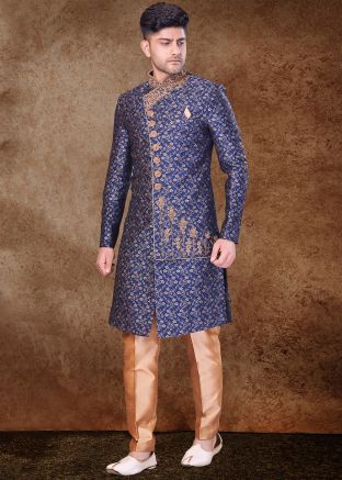 Readymade Blue Embroidered Sherwani Set