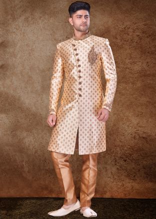 Readymade Woven Mens Sherwani Set In Golden