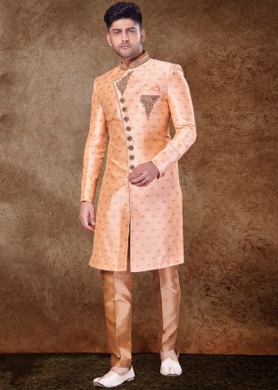 Mens Peach Sherwani Set In Woven Work
