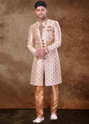 Readymade Cream Zari Woven Sherwani Set