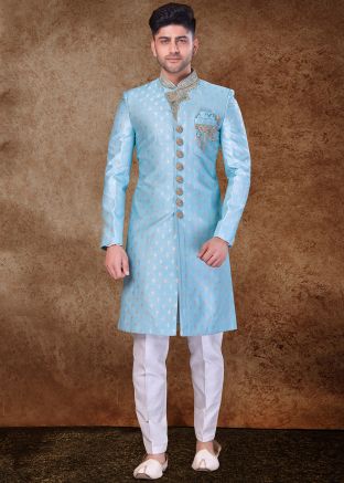 Blue Readymade Woven Jacquard Sherwani Set