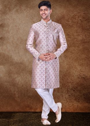 Golden Mens Woven Sherwani Set In Jacquard