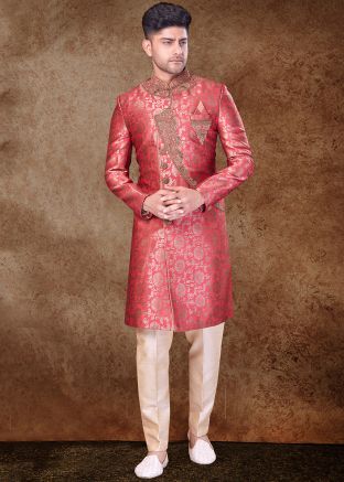 Pink Embroidered Overlapped Sherwani Set