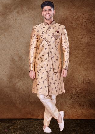 Orange Overlapped Woven Sherwani Set