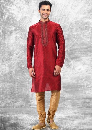 Maroon Woven Kurta Churidar Set In Jacquard