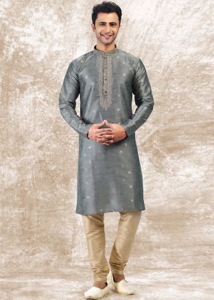 Readymade Grey Woven Kurta With Pajama