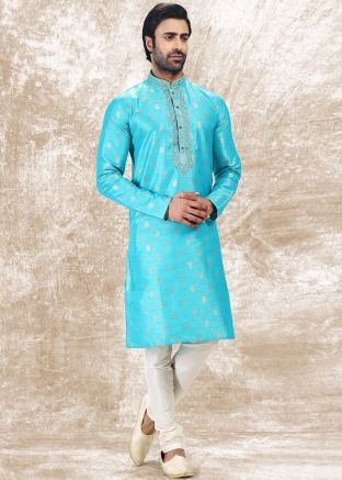 Readymade Blue Woven Mens Kurta Pajama Set