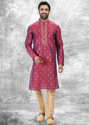 Pink Embroidered Mens Kurta Churidar Set