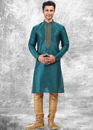 Blue Readymade Mens Kurta Pajama In Jacquard