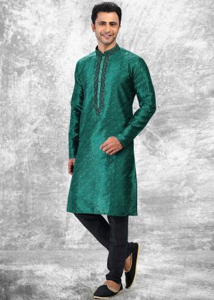 Green Mens Embroidered Kurta & Pajama
