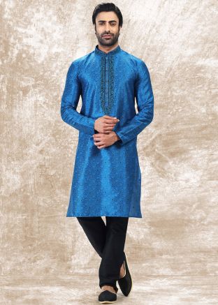 Blue Woven Mens Kurta Churidar Set