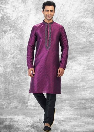 Purple Woven Mens Kurta Pajama Set
