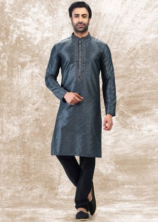 Grey Mens Embroidered Kurta Churidar Set