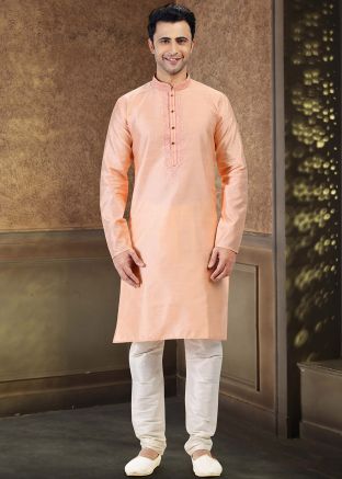 Readymade Peach Woven Kurta With Pajama
