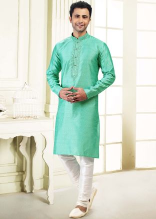Green Embroidered Mens Kurta Pajama Set