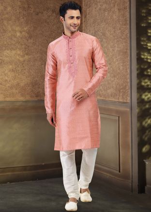 Readymade Pink Woven Mens Kurta Pajama Set