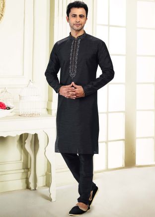 Black Woven Mens Kurta Churidar Set